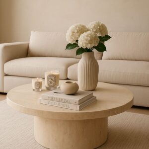 neutral cozy coffee table styling — warm minimal aesthetic